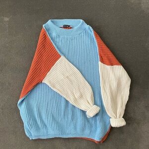 PrettyLittleThing Blue, Orange, and Cream Sweater Dress